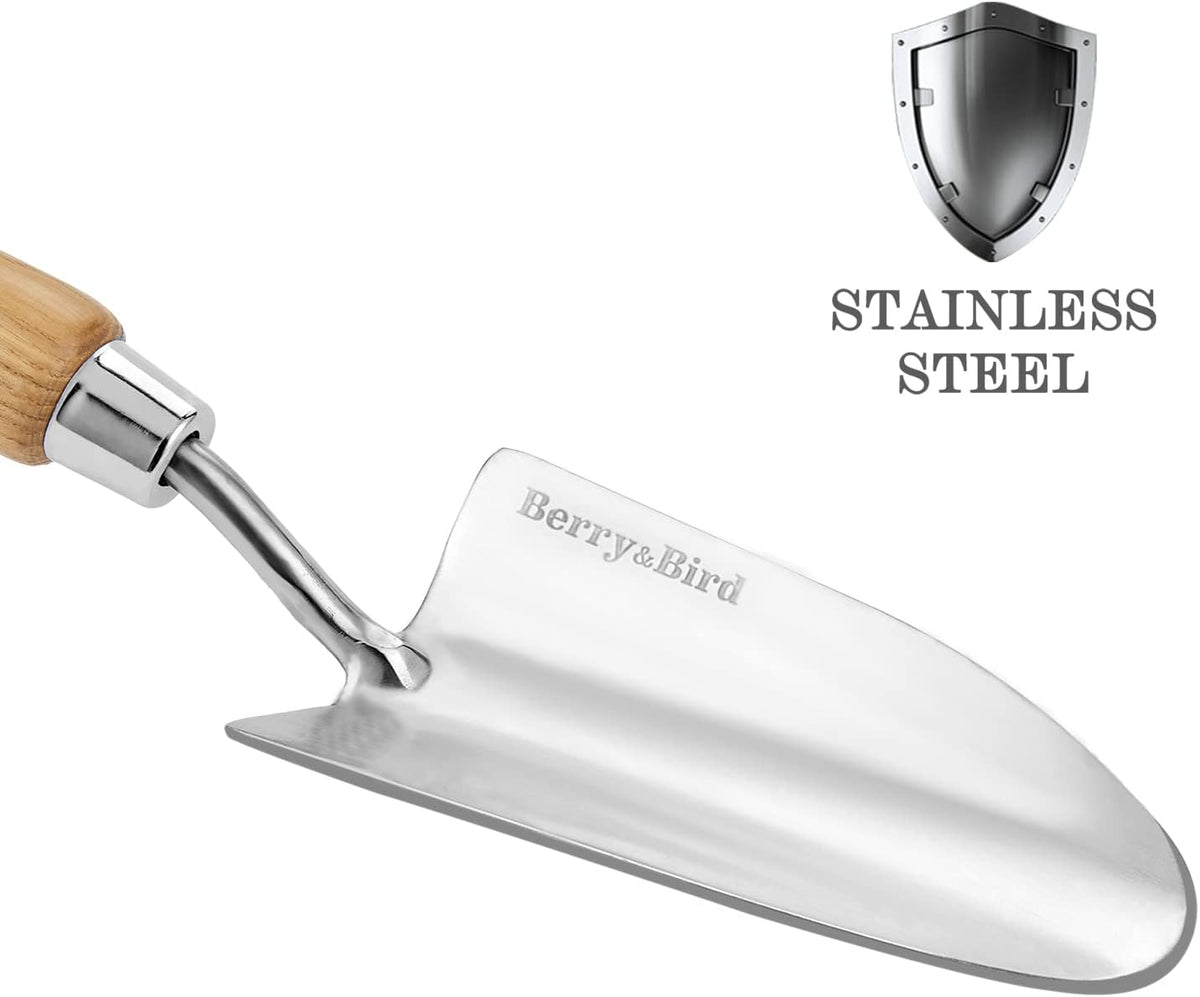 Berry&Bird Stainless Steel Trowel, Garden Small Flower Hand Shovel, Potting Soils Scoop with Wood Handle, Gardening Bonsai Tools for Transplanting Digging Weeding Planting