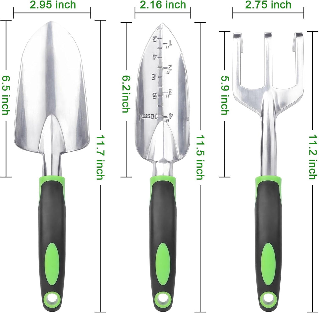 Garden Tools Set, 3 Pack Garden Shovel, Transplant Trowel, Hand Rake Green