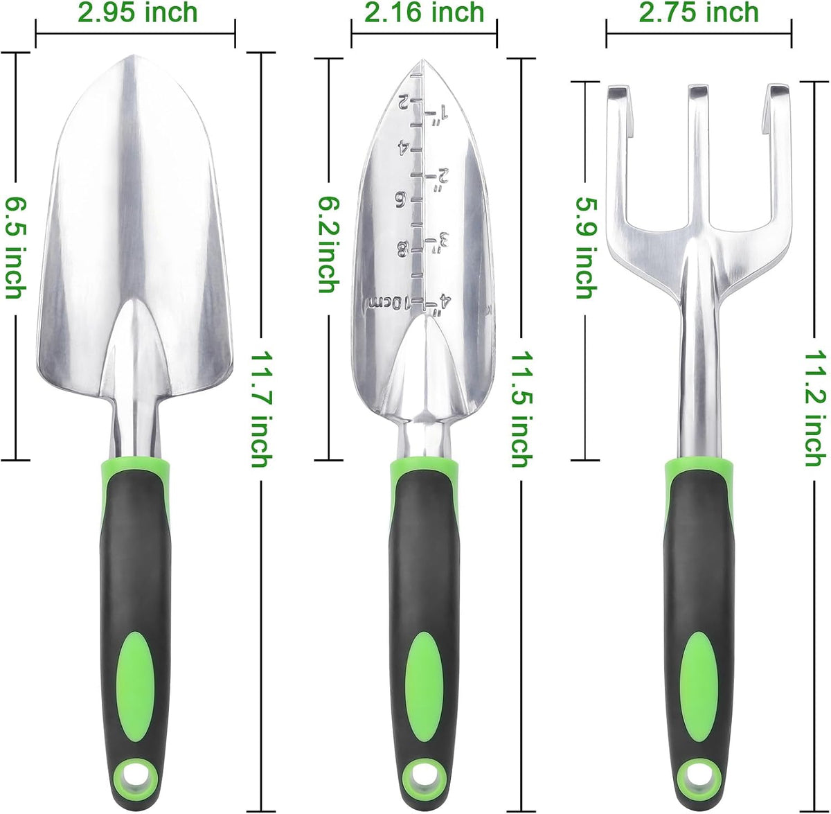 Garden Tools Set, 3 Pack Garden Shovel, Transplant Trowel, Hand Rake Green