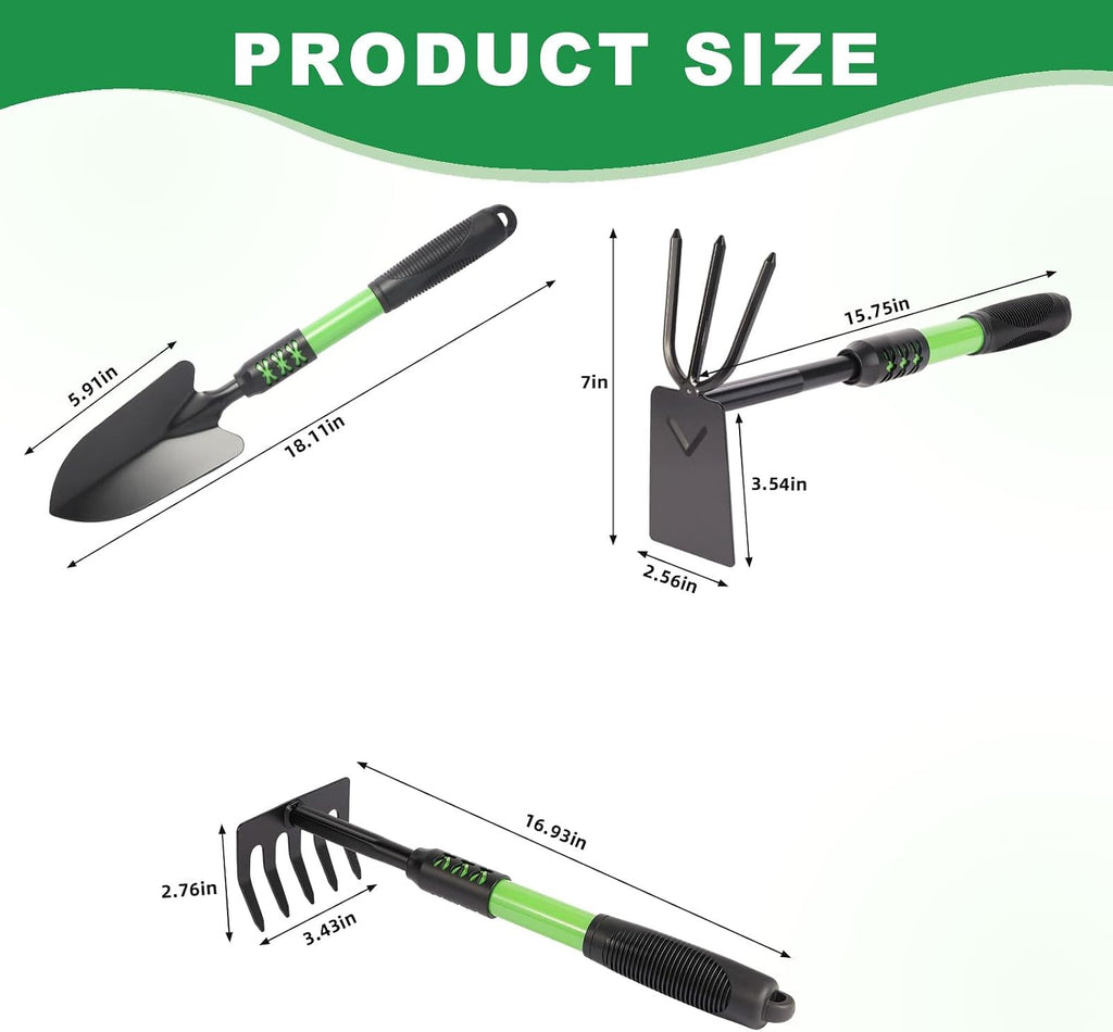 Gardening Tool, 3 Pack Lightweight Heavy Duty Spade Shovel, Garden Tools and Hand Rake with Soft Rubber Non-Slip Handle, for Gardenging Planting Weeding Digging, Green ﻿