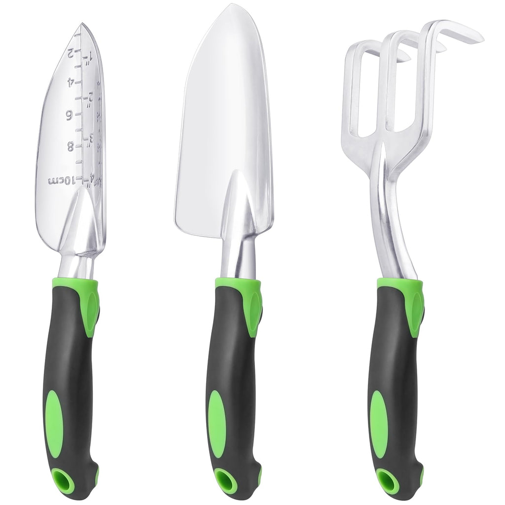 Garden Tools Set, 3 Pack Garden Shovel, Transplant Trowel, Hand Rake Green