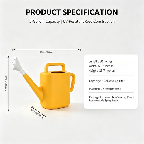 2 Gallon Resin Watering Can, Daisy Yellow Garden Water Pot with Removable Sprinkler Nozzle, Dual Handle Plant Watering Vessel for Indoor Outdoor Gardening