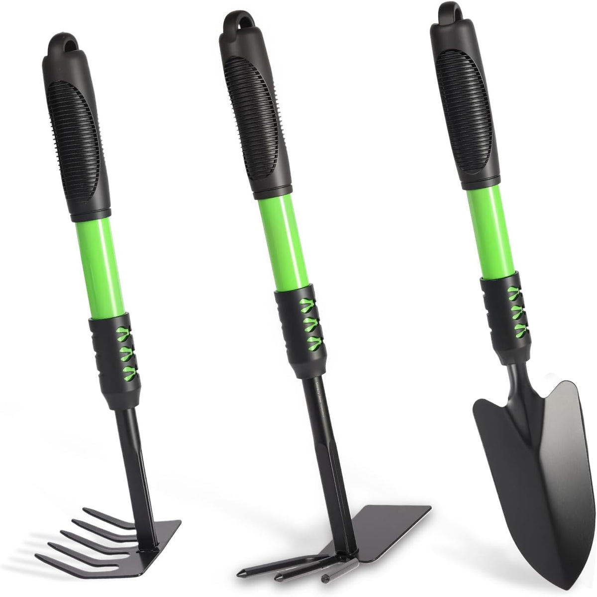 Gardening Tool, 3 Pack Lightweight Heavy Duty Spade Shovel, Garden Tools and Hand Rake with Soft Rubber Non-Slip Handle, for Gardenging Planting Weeding Digging, Green ﻿