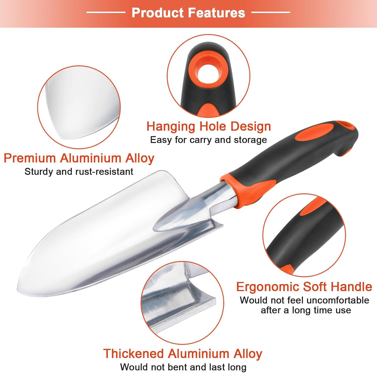 Garden Shovel Garden Hand Trowel, Heavy Duty Hand Shovel with Ergonomic Handle, Small Gardening Tools for Digging, Rust Resistant Gardening Spade Trowel Tools, Orange