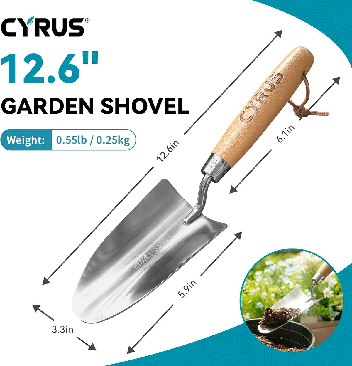 12.6 Inch Stainless Steel Hand Trowel with Ash Wood Handle Garden Shovel