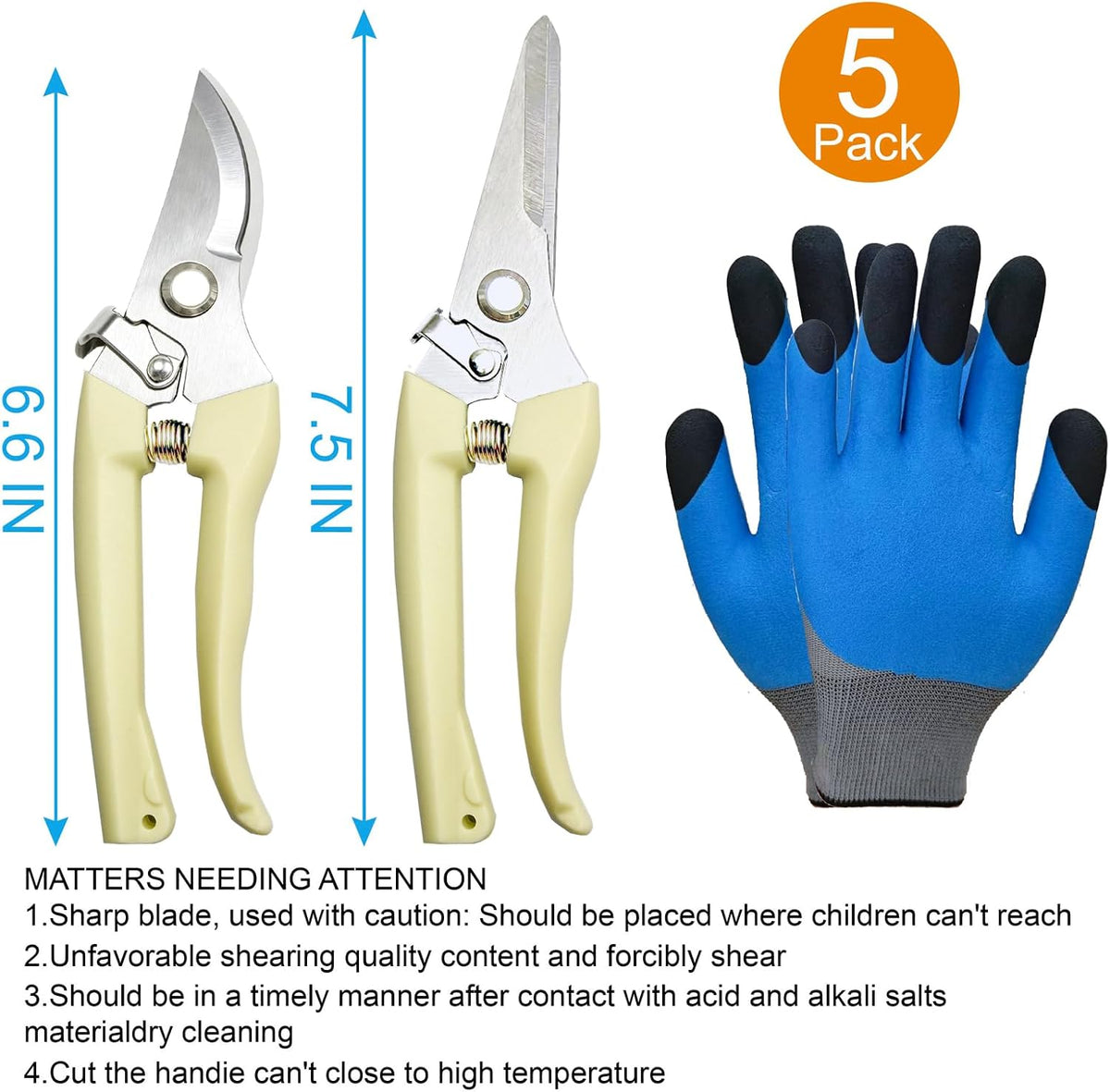 5Pack Pruning Shears, Stainless Steel Garden Shears with Gardening Gloves