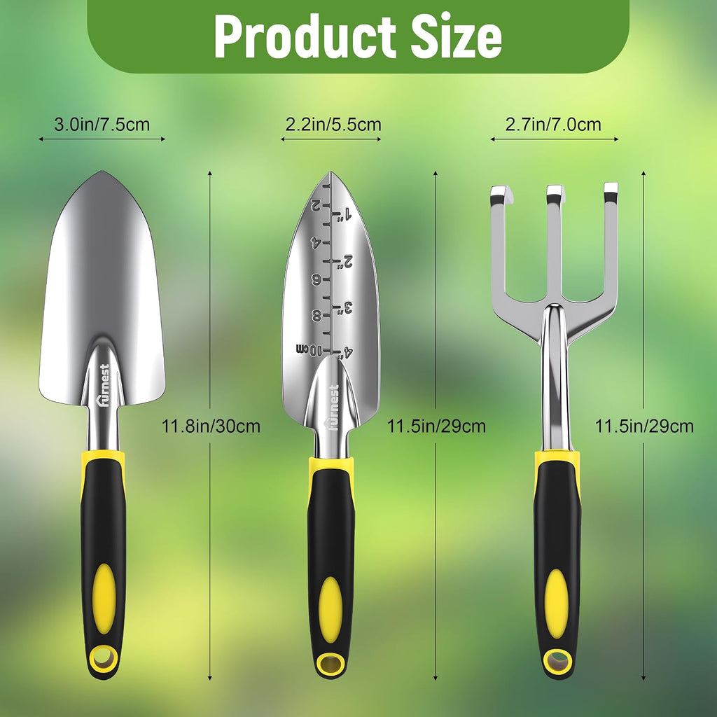 Garden Tool Set, 3 Pack Aluminum Heavy Gardening Kit Including Hand Shovel, Transplant Shovel and Hand Rake for Planting, Digging, Weeding