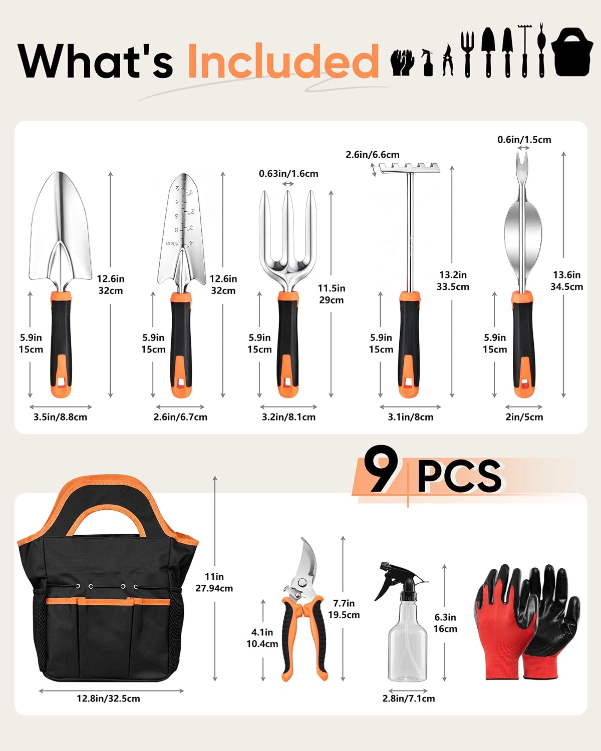 HaSteeL 9-Piece Stainless Steel Garden Hand Tools Set for Planting