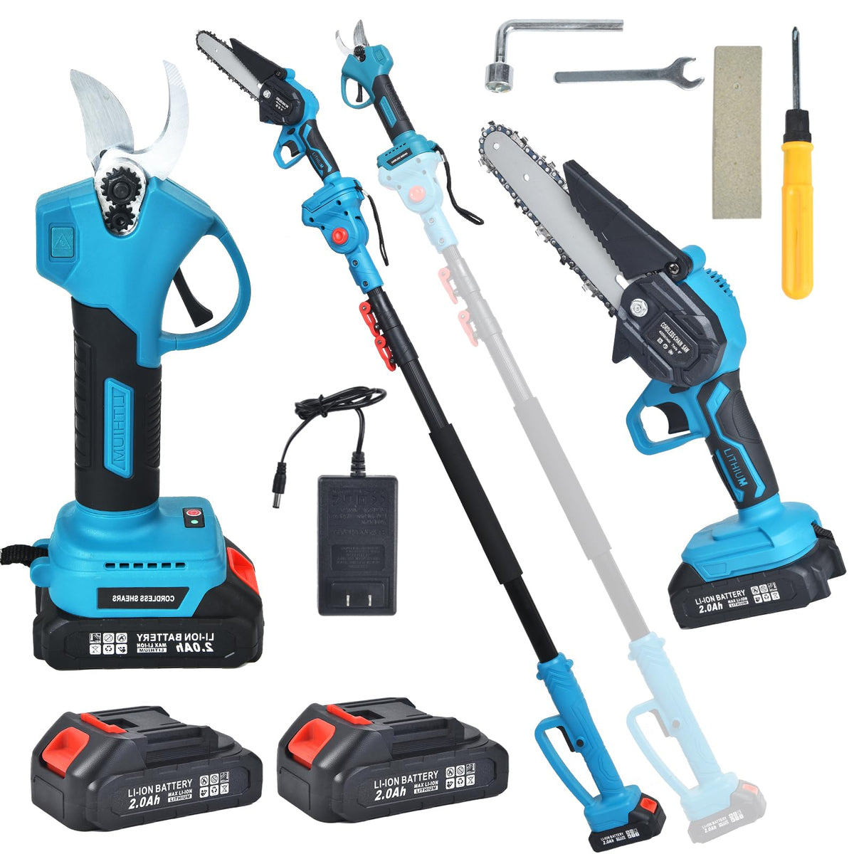 4-in-1 Cordless Pole Saw and Pruning Shears, 8ft Pole, 2 Batteries