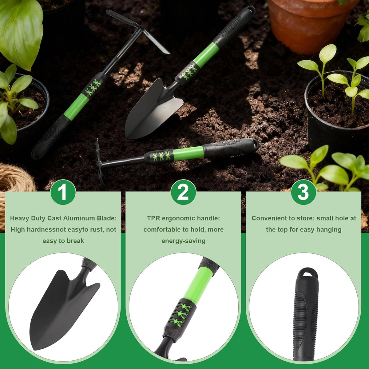 Gardening Tool, 3 Pack Lightweight Heavy Duty Spade Shovel, Garden Tools and Hand Rake with Soft Rubber Non-Slip Handle, for Gardenging Planting Weeding Digging, Green ﻿