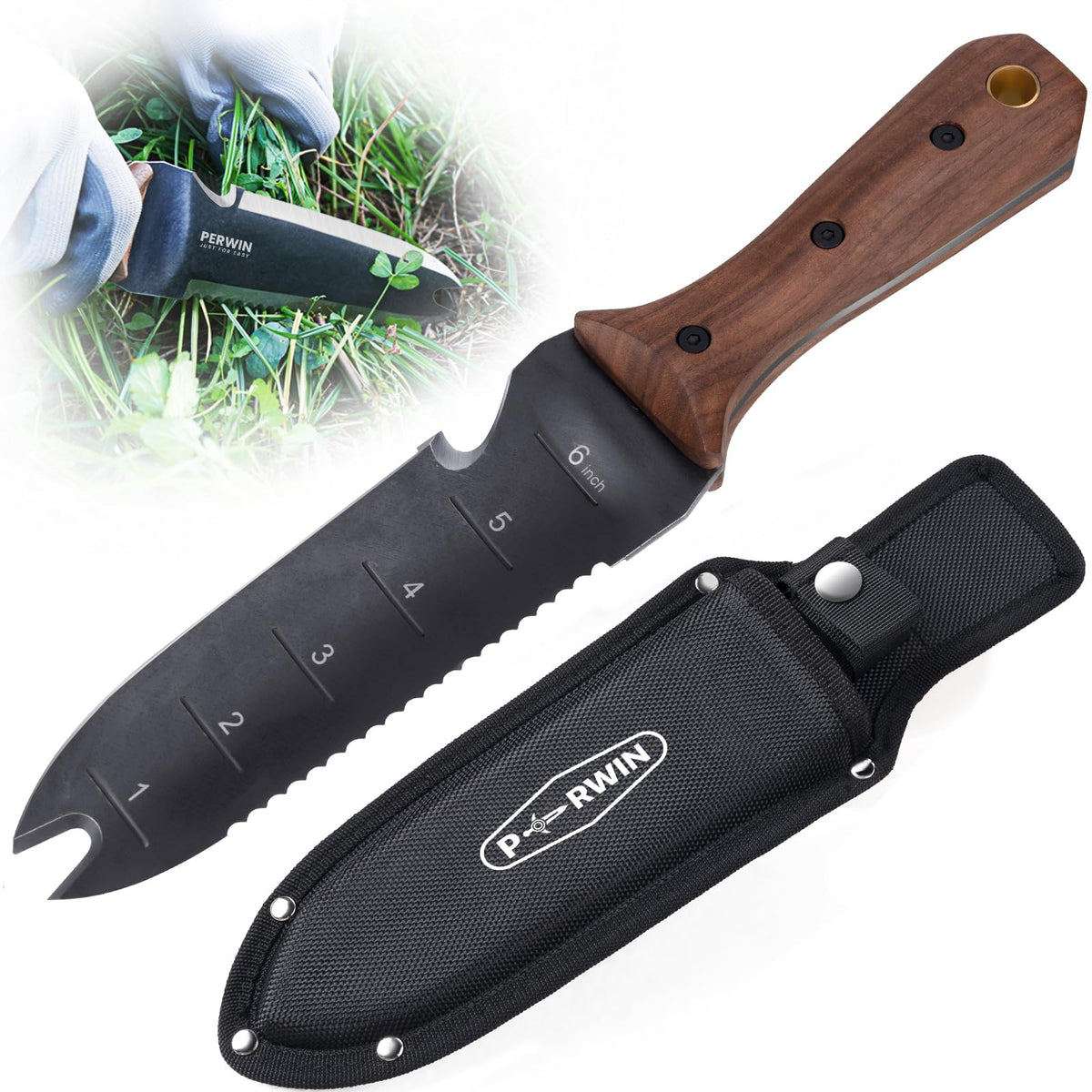 PERWIN Hori Hori Garden Knife, Garden Tools with Sheath for Weeding, Planting, Digging, 7" Stainless Steel Blade with Cutting Edge, Full-Tang Wood Handle with Hanging Hole