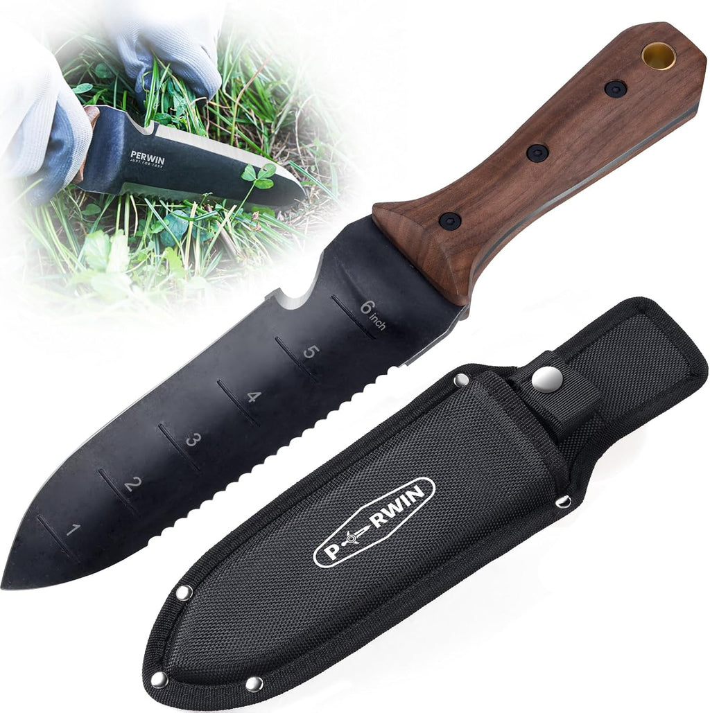 PERWIN Hori Hori Garden Knife, Garden Tools with Sheath for Weeding, Planting, Digging, 7" Stainless Steel Blade with Cutting Edge, Full-Tang Wood Handle with Hanging Hole