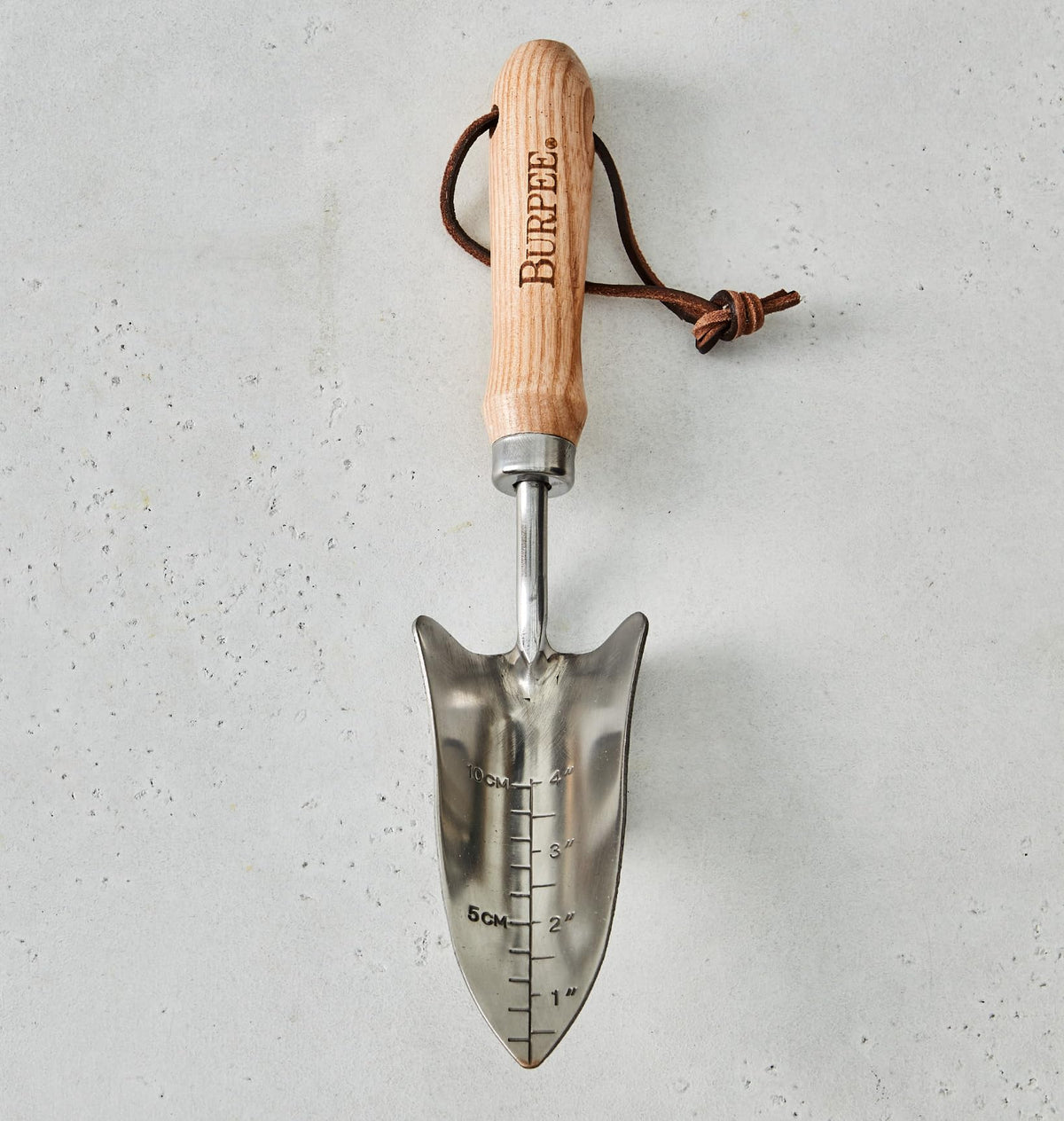 Burpee 13" Stainless Steel Trowel Durable Long Lasting Garden Tool Leather Wrist Strap 5" Handle, 10 Year Warranty, Oak