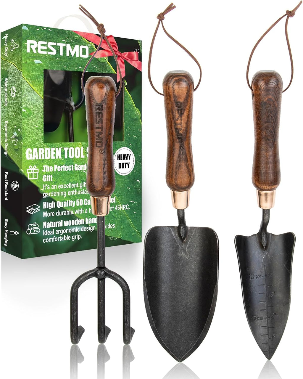 RESTMO Gardening Tools Set, 3-in-1, Carbon Steel, Wooden Handle, Brown