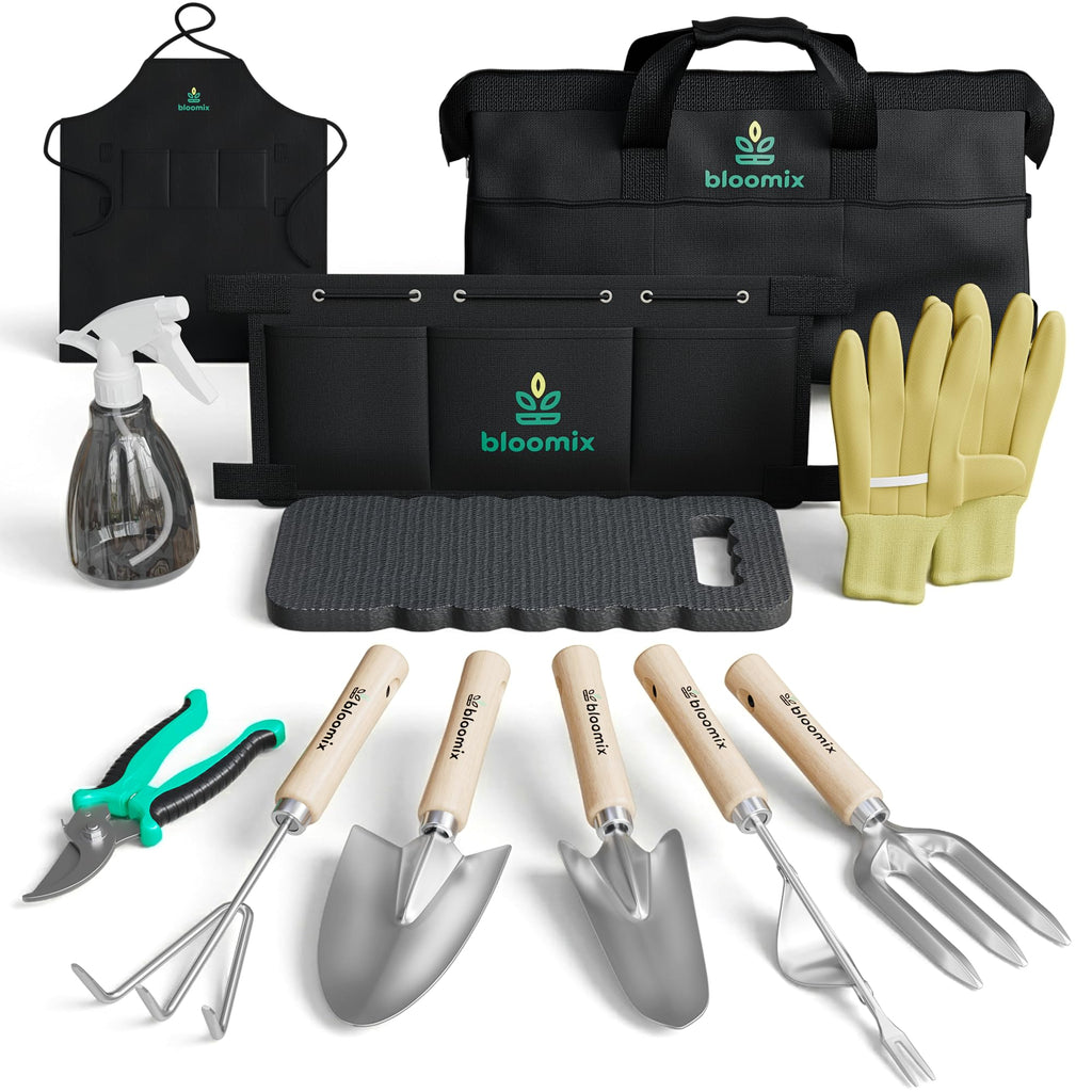 12 Pcs Gardening Tools Set - Heavy Duty Garden Tools Set with Tool Bag, Kneeling Pad, Apron & More Garden Accessories - Stainless Steel Plant Care Kit Supplies, Gardening Gifts for Women Men Black