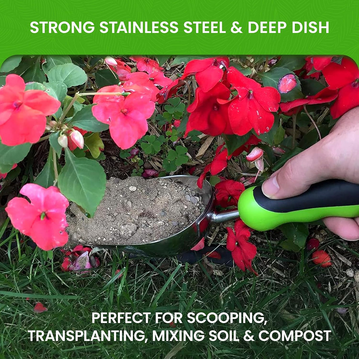 Garden Guru Super Strong Garden Scoop Trowel Shovel Transplanter - Stainless Steel - Rust Resistant - Ergonomic Grip - Perfect Hand Shovel for Gardening Transplanting and Digging