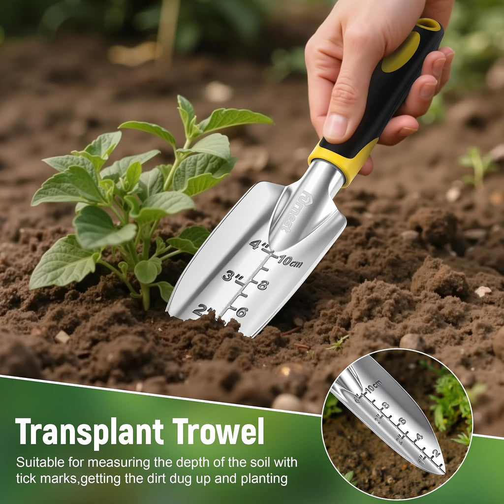 Garden Tool Set, 3 Pack Aluminum Heavy Gardening Kit Including Hand Shovel, Transplant Shovel and Hand Rake for Planting, Digging, Weeding
