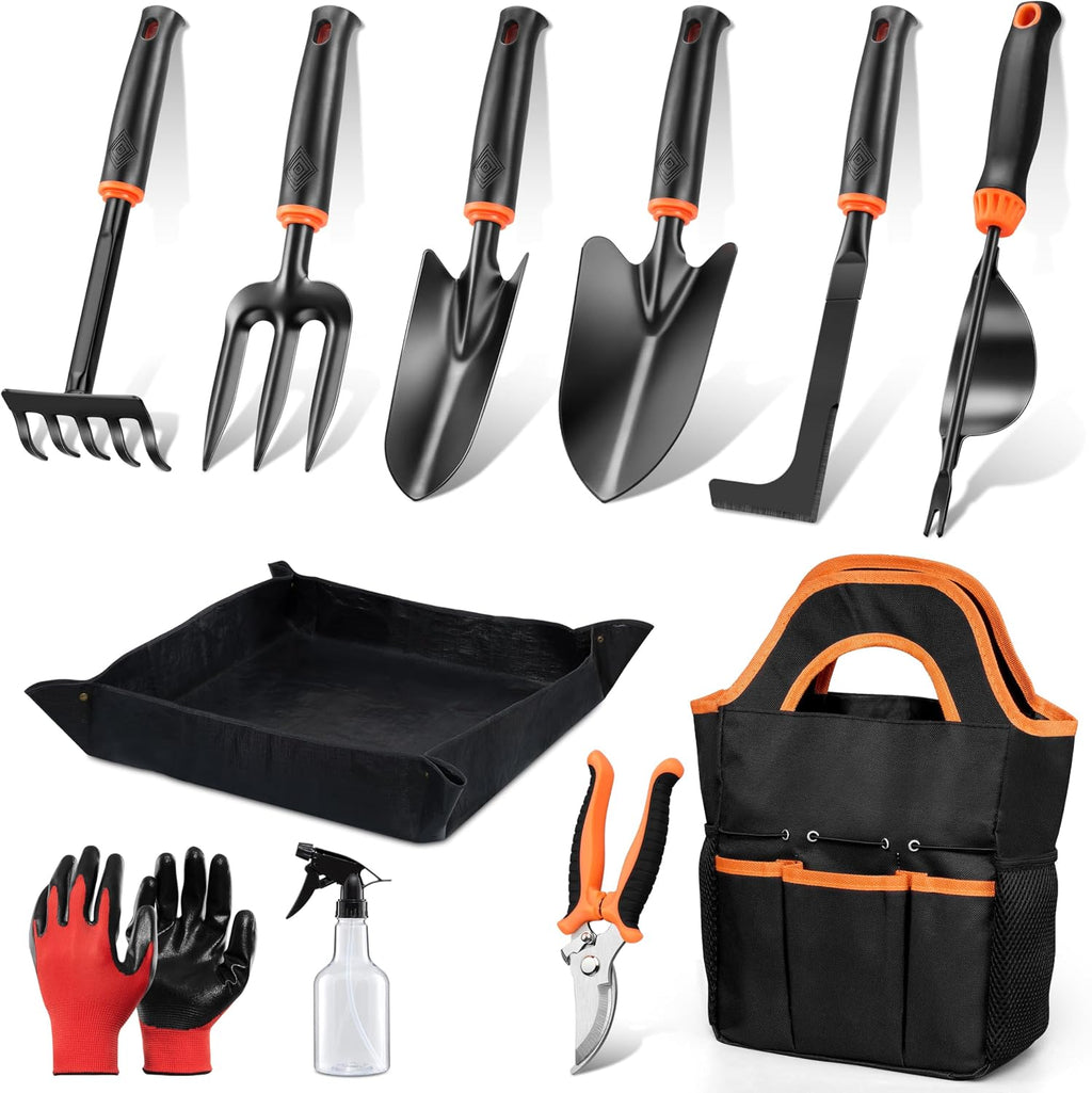 HaSteeL Garden Tools Set, 11 Pcs Gardening Supplies Hand Tool Kit for Women Men Gardeners, Include Tote Bag, Reportting Mat, Transplant Trowel, Rake, Pruner for Outdoors