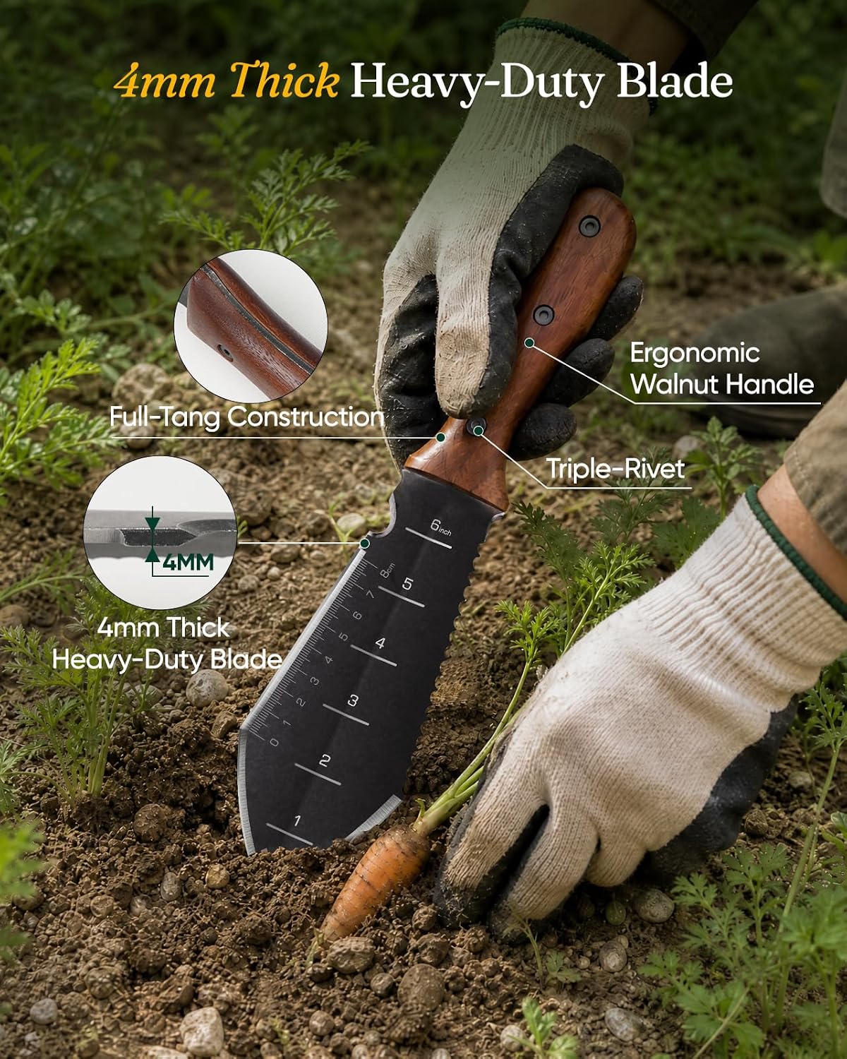Grenebo Hori Hori Garden Knife, 4mm Thick Extra-Wide Blade Garden Tool