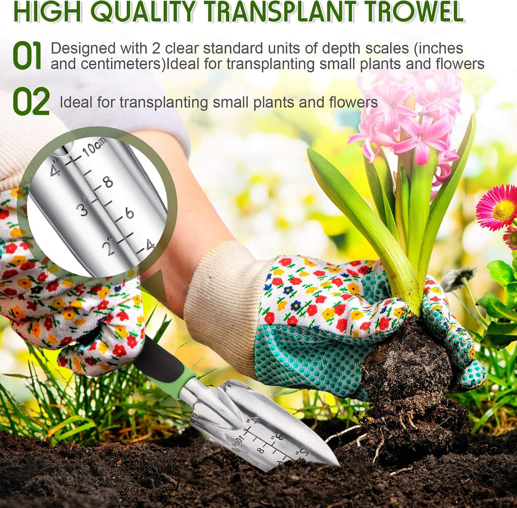 Honoson Garden Hand Trowel Transplant Trowel with Measurements Aluminum Alloy Planting Tools with Rubber Handle Small Gardening Hand Tools Shovels for Gardening Cultivating Transplanting Supplies