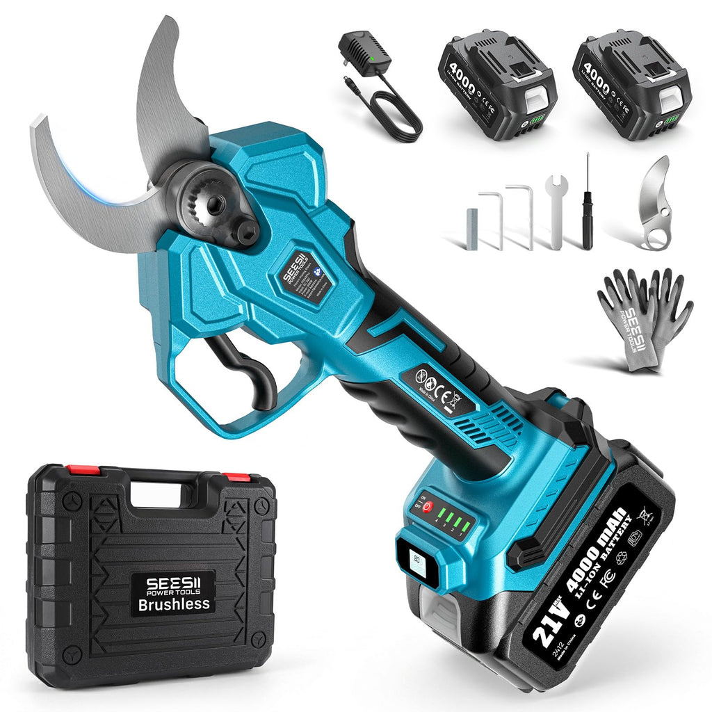SEESII 2-in-1 Pole Pruning Shears, 1.6" Cutting Diameter Cordless Electric Pole Pruners, Brushless Motor, Dual 4.0Ah Batteries, Extra SK5 Blade, 4 Modes Adjustable Branches Cutter for Tree & Flower