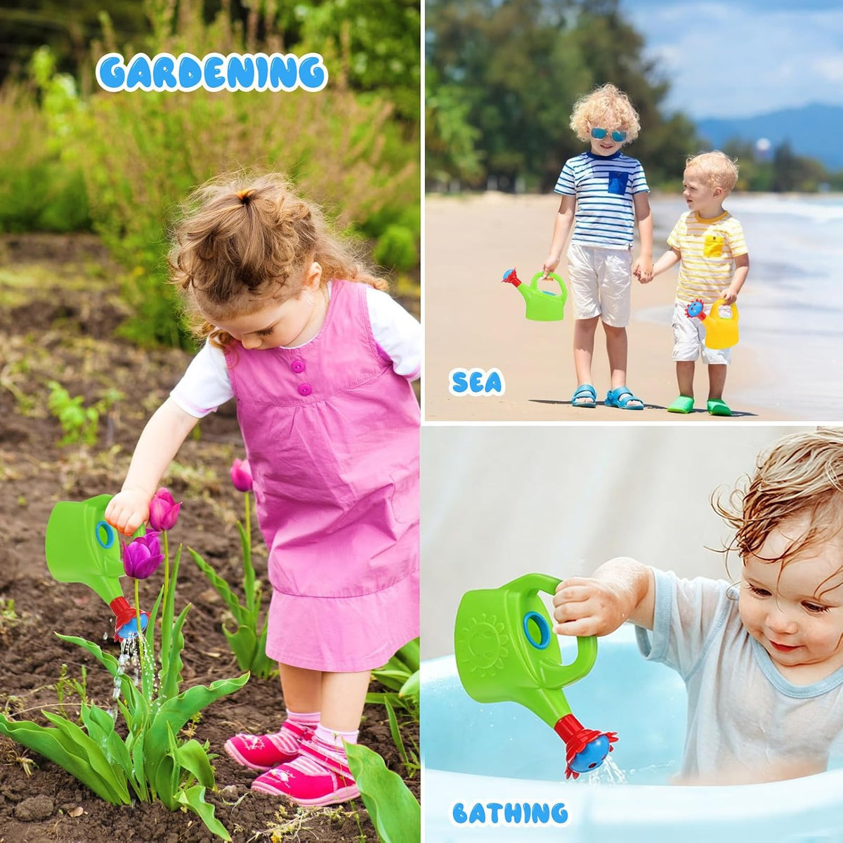 Toyvian 2pcs Kids Watering Cans for Plants, Plastic Small Flower Watering Cans, 7-inch Lightweight Mini Water Can for Outdoor Gardening, Summer Beach, and Bath Fun, Assorted Colors