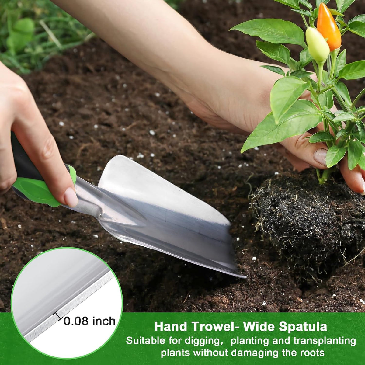 Garden Tools Set, 3 Pack Garden Shovel, Transplant Trowel, Hand Rake Green