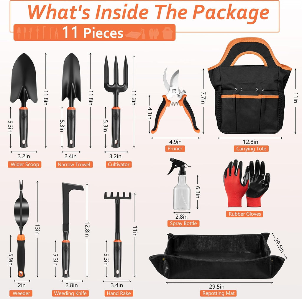HaSteeL Garden Tools Set, 11 Pcs Gardening Supplies Hand Tool Kit for Women Men Gardeners, Include Tote Bag, Reportting Mat, Transplant Trowel, Rake, Pruner for Outdoors