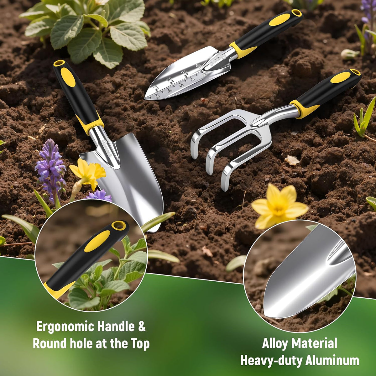 Garden Tool Set, 3 Pack Aluminum Heavy Gardening Kit Including Hand Shovel, Transplant Shovel and Hand Rake for Planting, Digging, Weeding