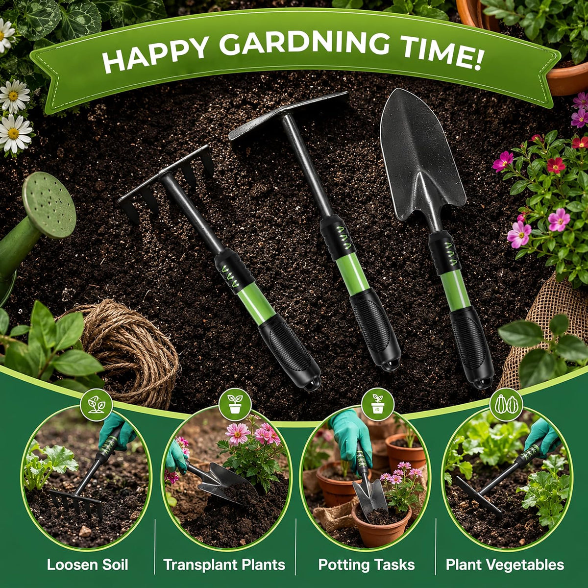12 Pcs Gardening Tools Set - Heavy Duty Garden Tools Set with Tool Bag, Kneeling Pad, Apron & More Garden Accessories - Stainless Steel Plant Care Kit Supplies, Gardening Gifts for Women Men Black